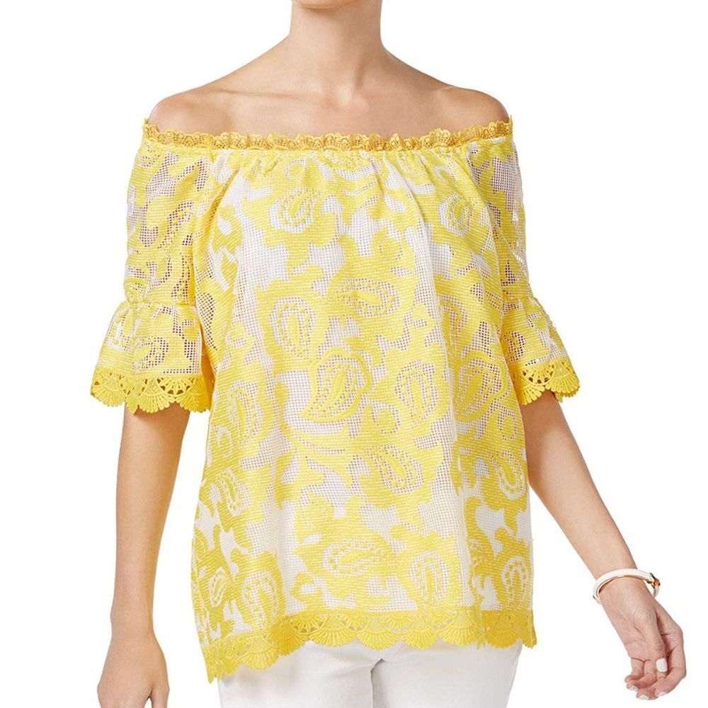 Charter Club Floral Eyelet Mesh Lace Top in Yellow and White (NWT)